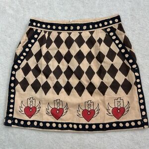 MO MAYA Love Hurts Linen Mini Skirt XS Heart Pockets